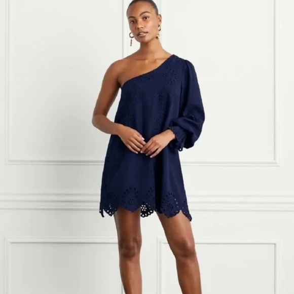 New! Hill House Mila Navy Linen One‎ Shoulder Mini Dress - Picture 1 of 8